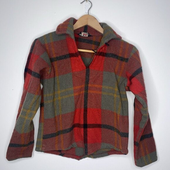 Vintage Woolrich Wool Plaid Flannel Shirt L Red Green Plaid Pullover 1940's